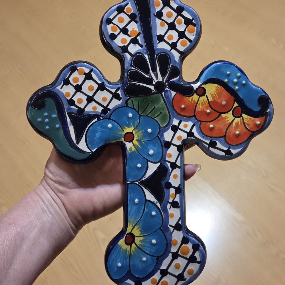 Talavera hand-painted ceramic Cross Intricate Floral Patterns